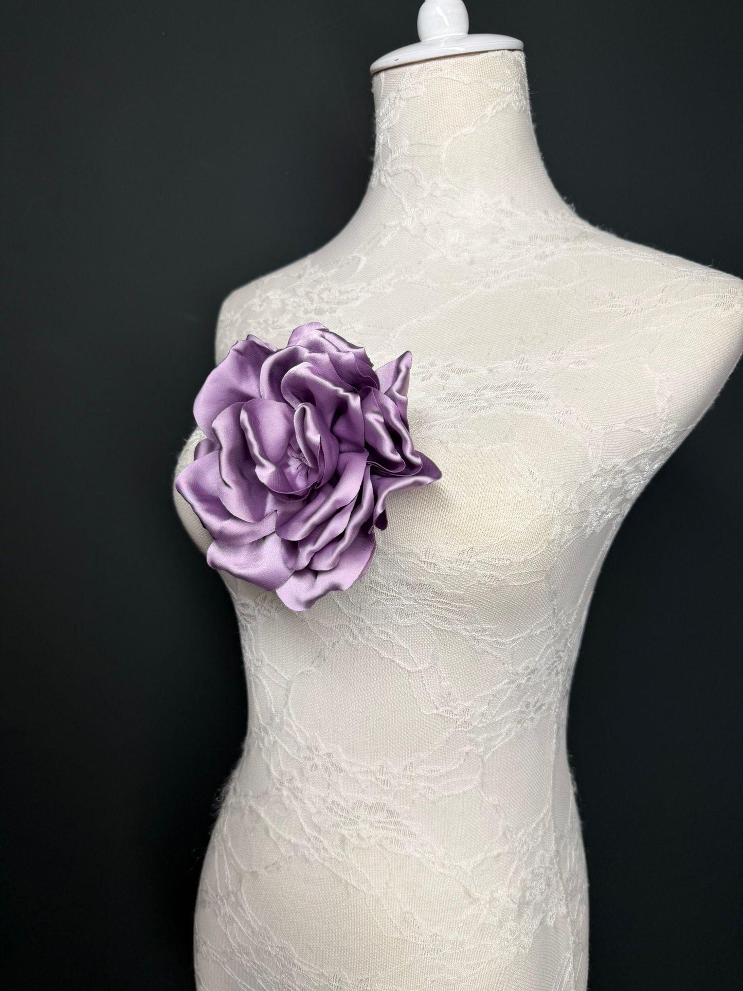 Lilac Handmade Satin Corsage Flower, Pin-On Brooch (6" Wide)