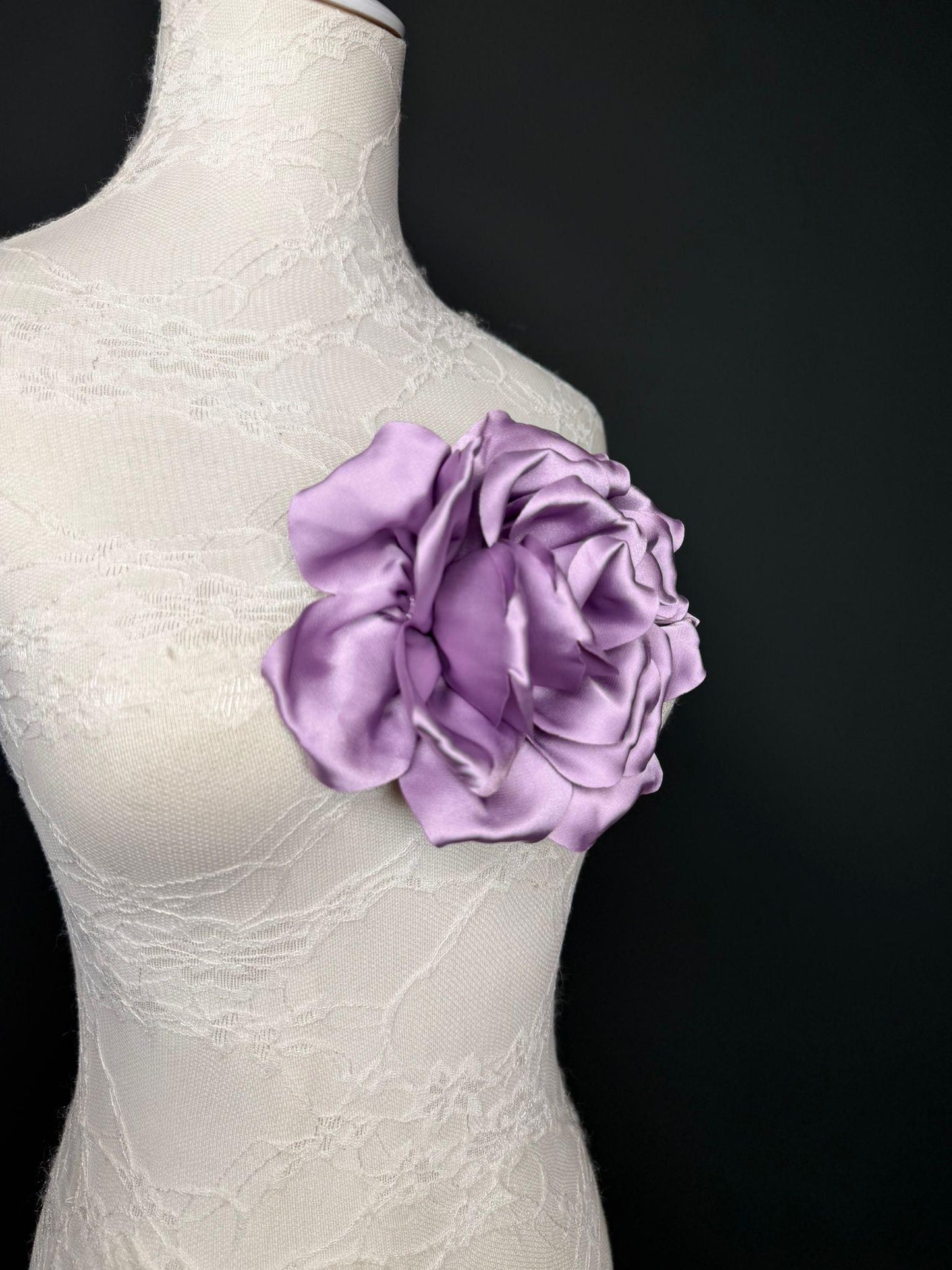 Lilac Handmade Satin Corsage Flower, Pin-On Brooch (6" Wide)