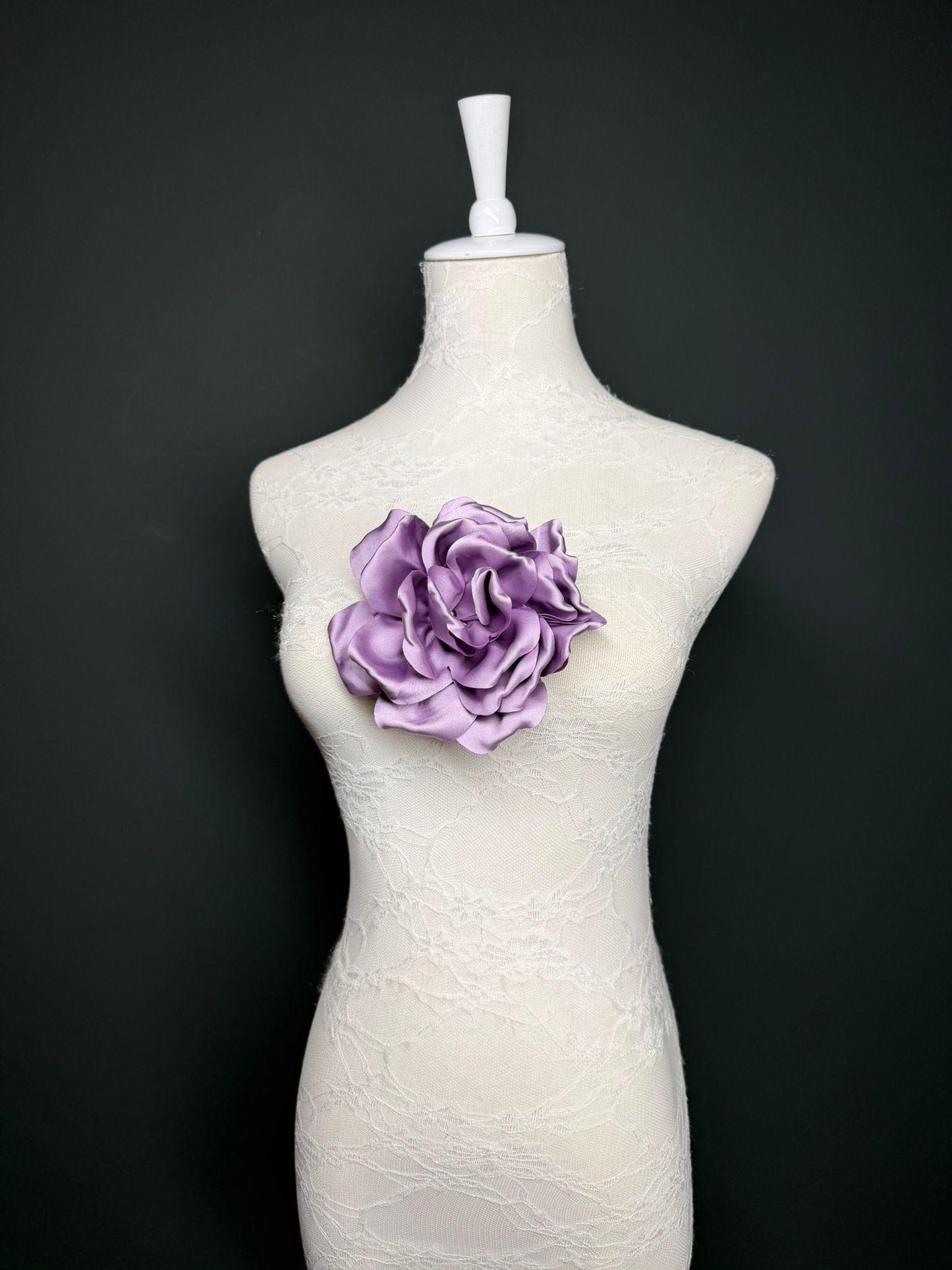 Lilac Handmade Satin Corsage Flower, Pin-On Brooch (6" Wide)