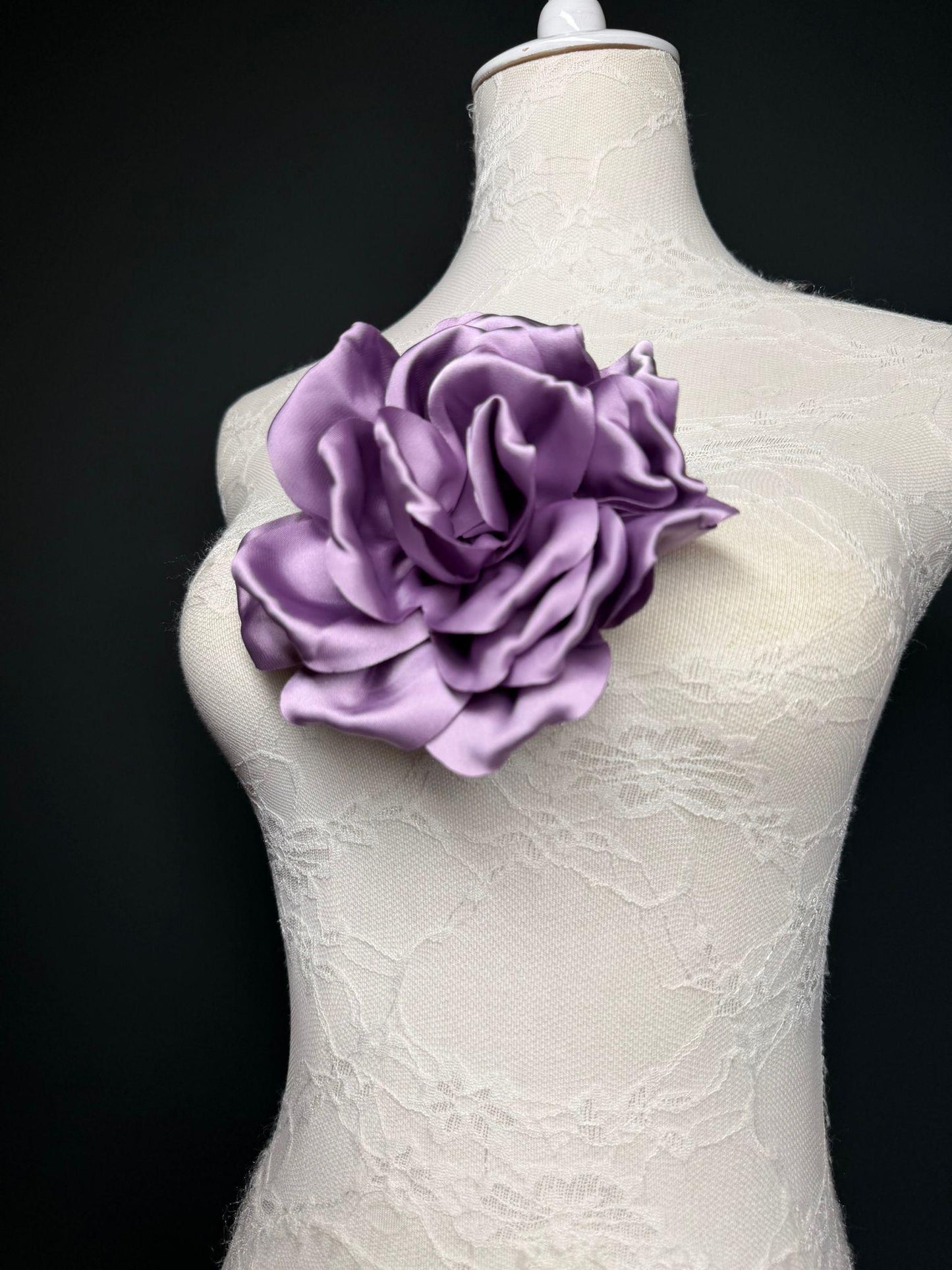 Lilac Handmade Satin Corsage Flower, Pin-On Brooch (6" Wide)