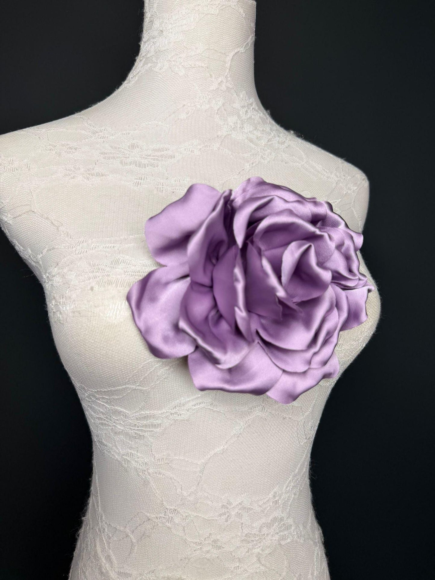 Lilac Handmade Satin Corsage Flower, Pin-On Brooch (6" Wide)