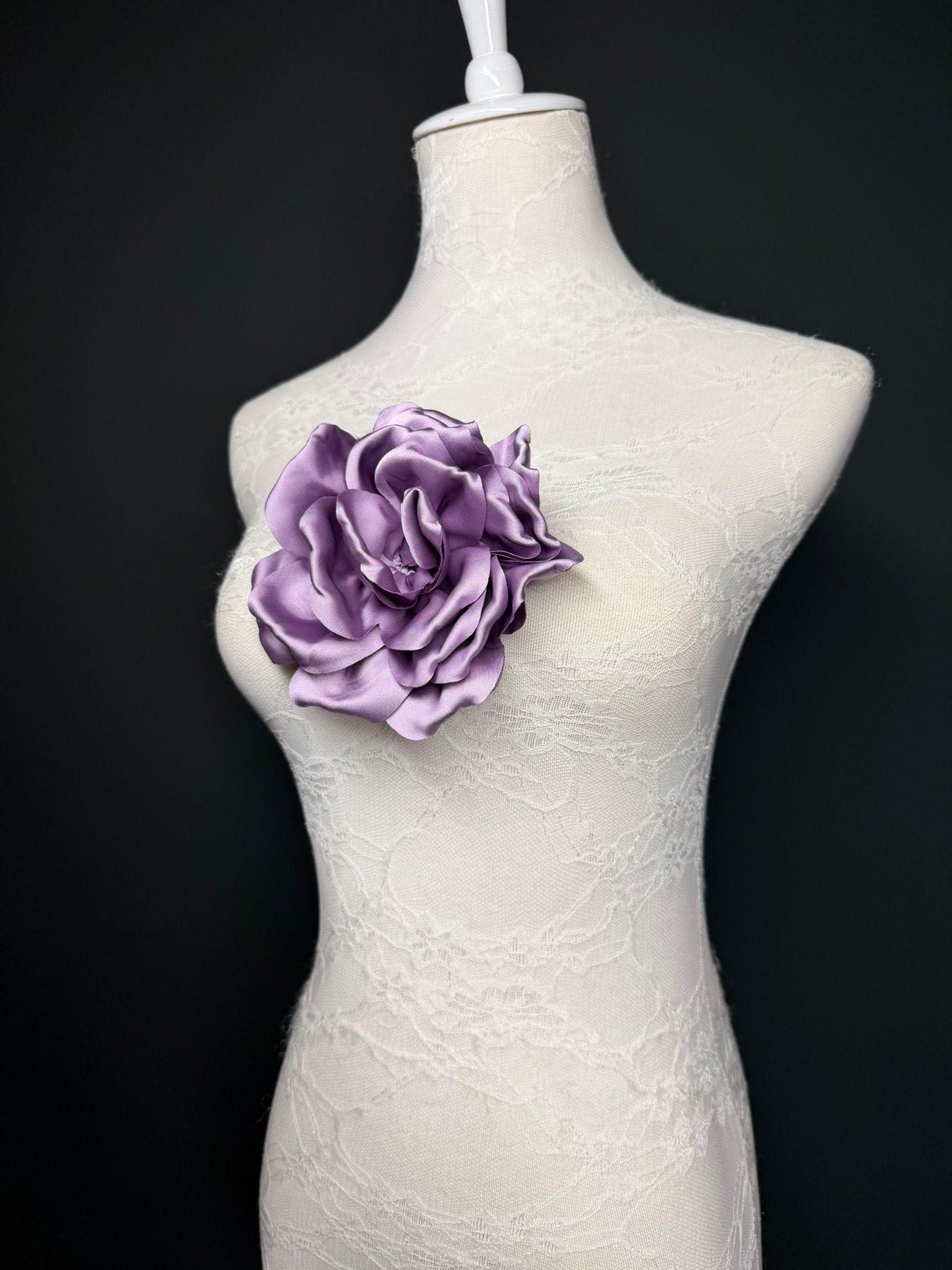 Lilac Handmade Satin Corsage Flower, Pin-On Brooch (6" Wide)