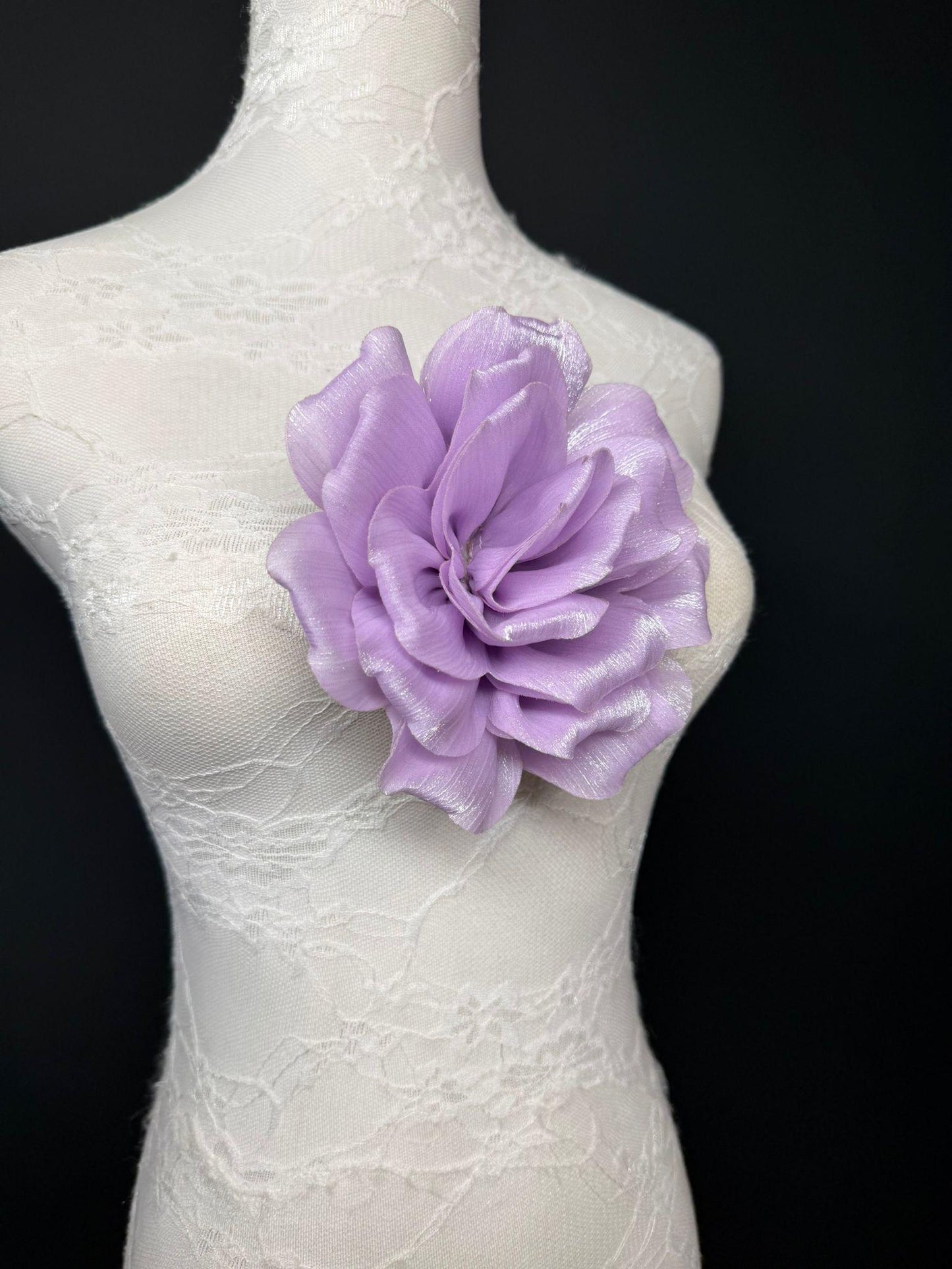 Lilac Handmade Organza Corsage Flower, Pin-On Brooch (6" Wide)