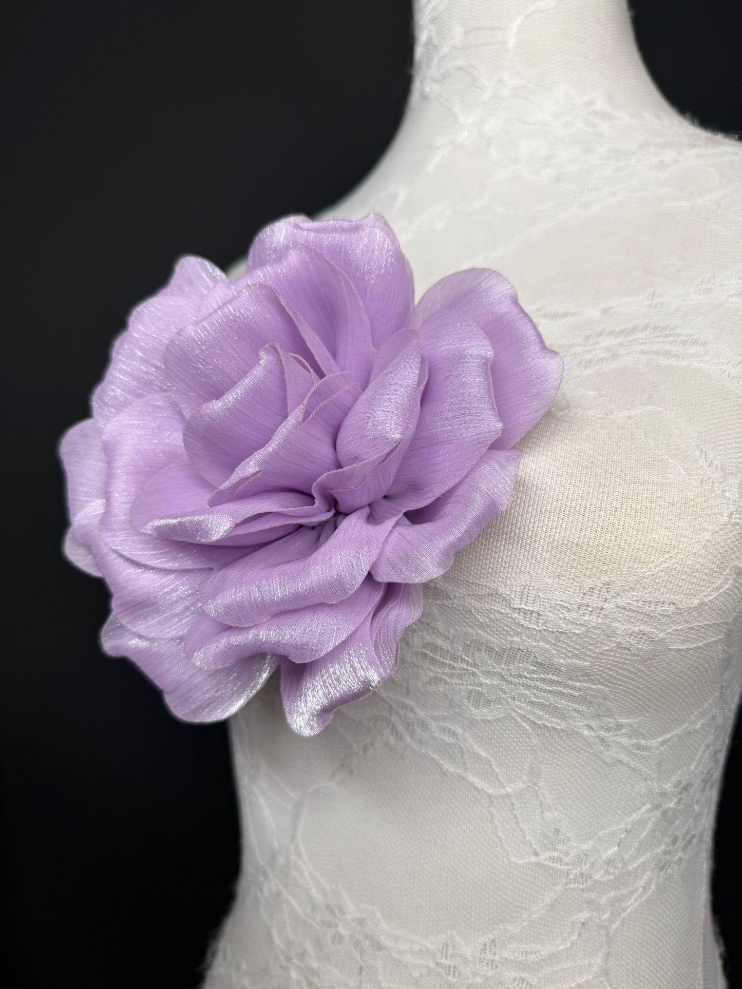 Lilac Handmade Organza Corsage Flower, Pin-On Brooch (6" Wide)