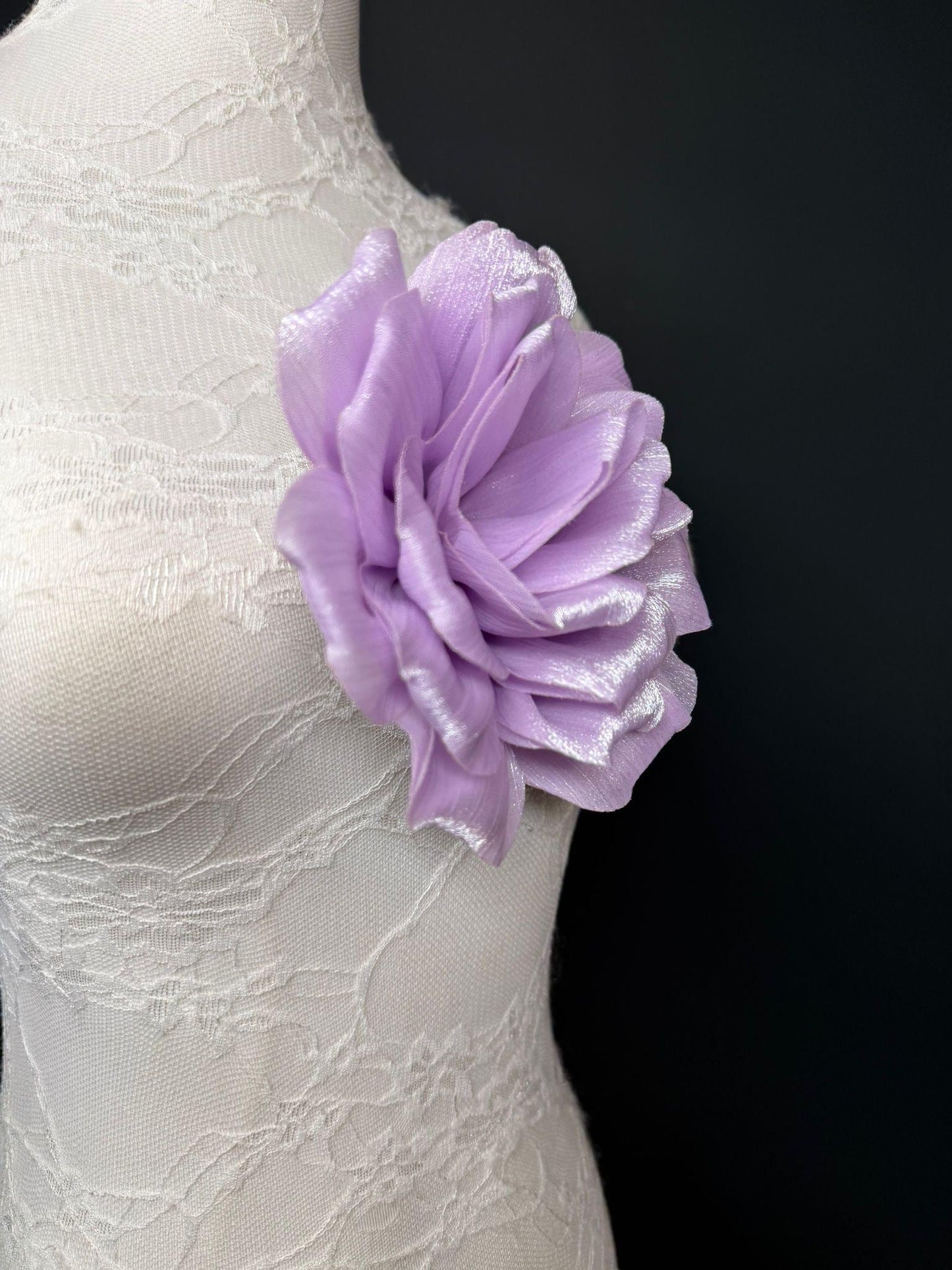 Lilac Handmade Organza Corsage Flower, Pin-On Brooch (6" Wide)