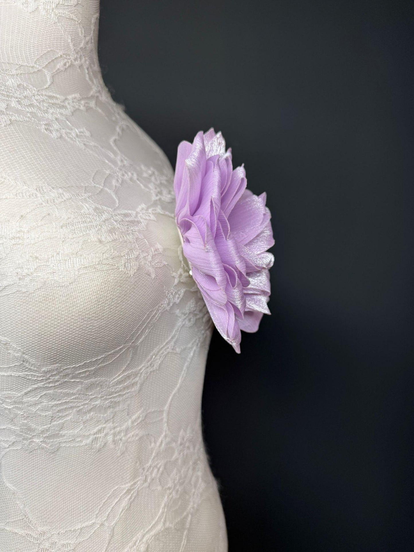 Lilac Handmade Organza Corsage Flower, Pin-On Brooch (6" Wide)