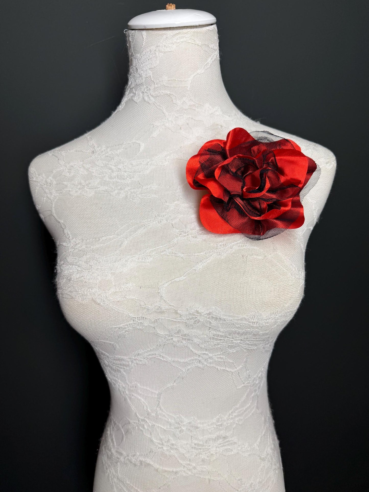 Red Satin Corsage with Black Mesh, Pin-On Flower Accessory