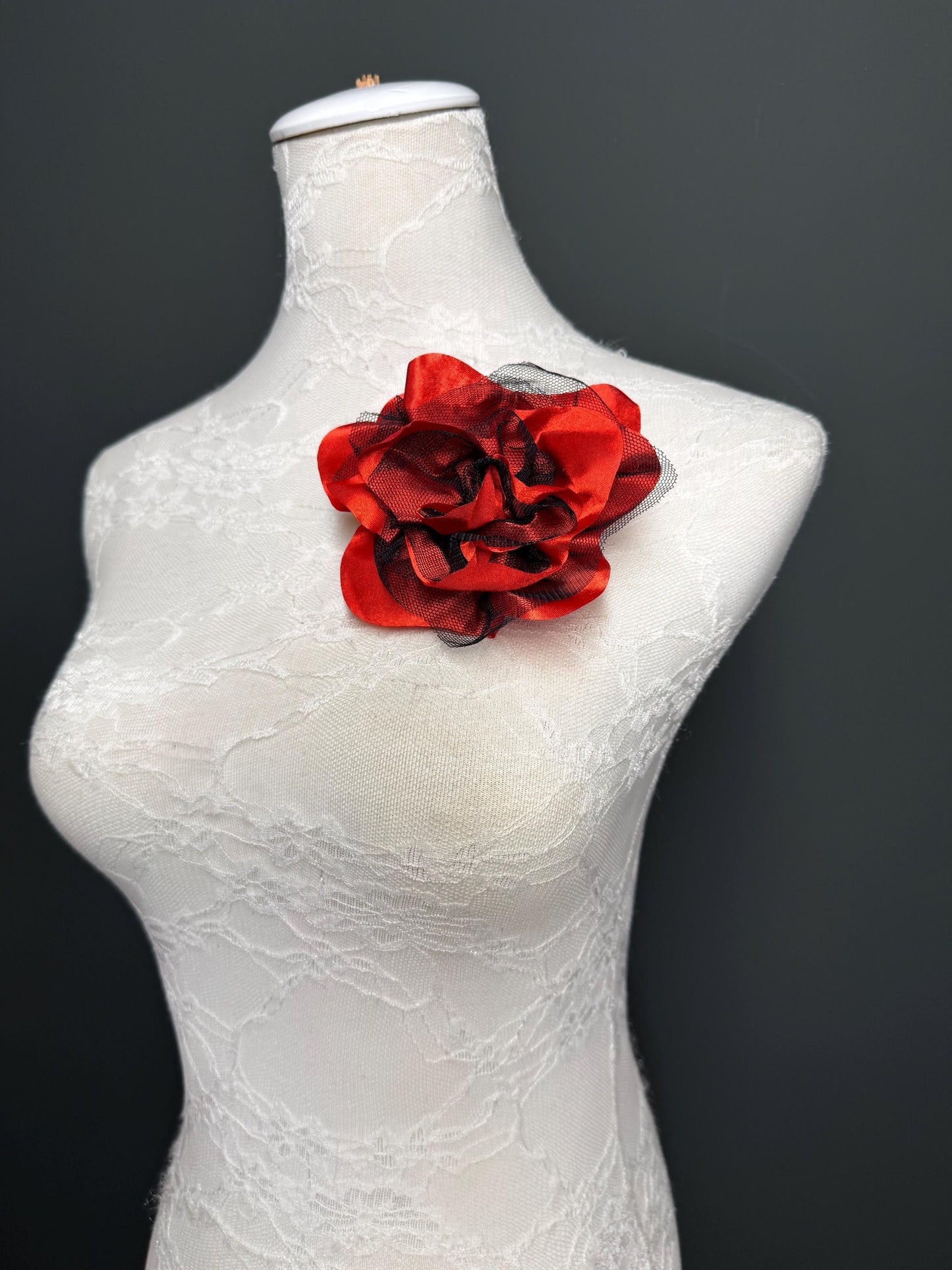Red Satin Corsage with Black Mesh, Pin-On Flower Accessory