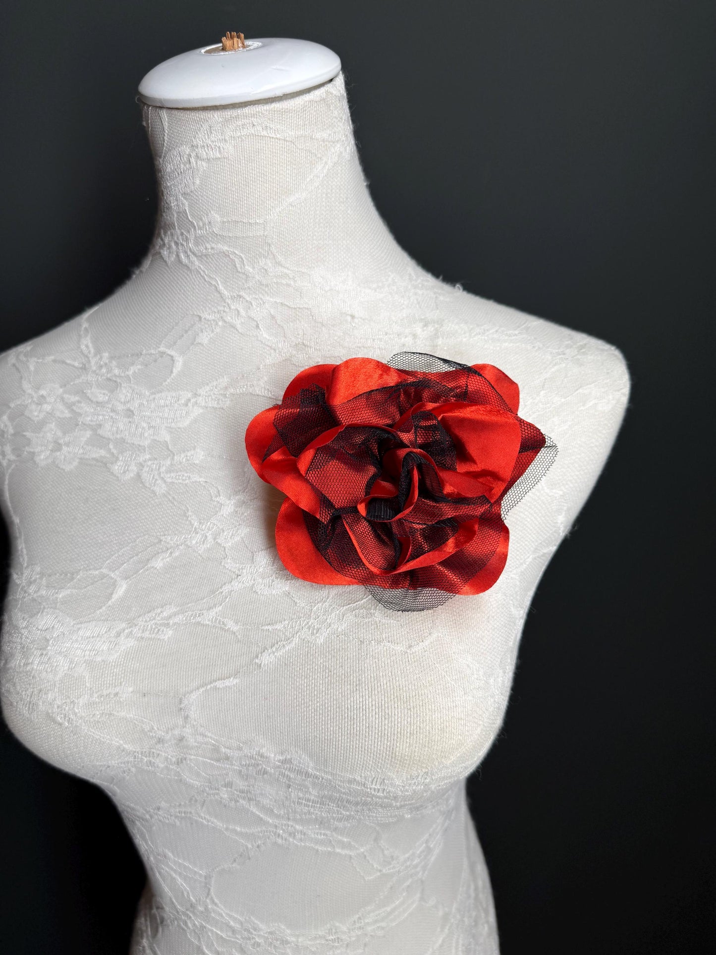 Red Satin Corsage with Black Mesh, Pin-On Flower Accessory