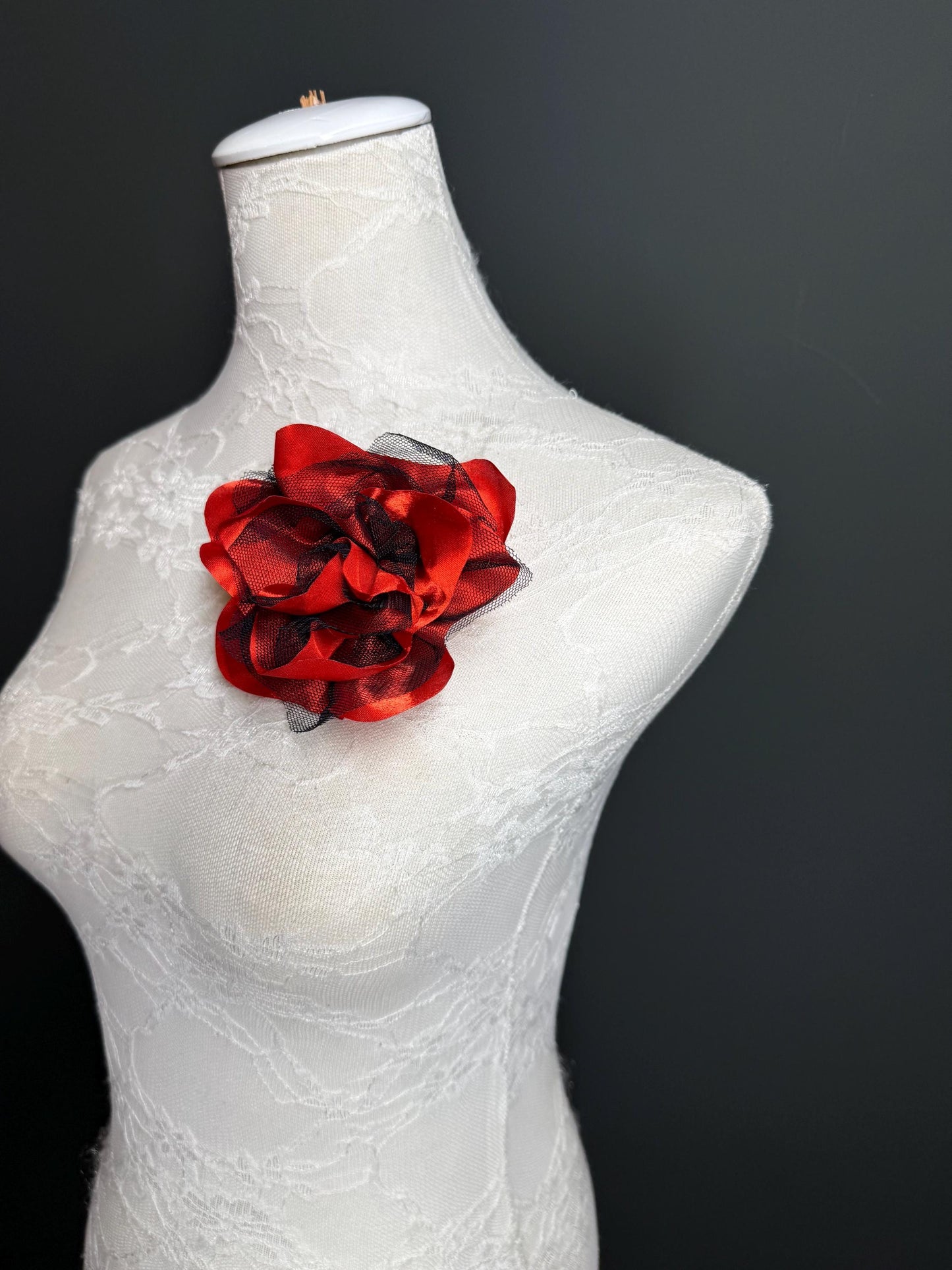 Red Satin Corsage with Black Mesh, Pin-On Flower Accessory