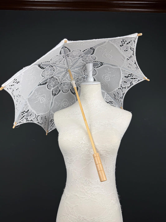 White, Ecru Beige Lace Umbrella: Vintage Style Wedding Sun Protection