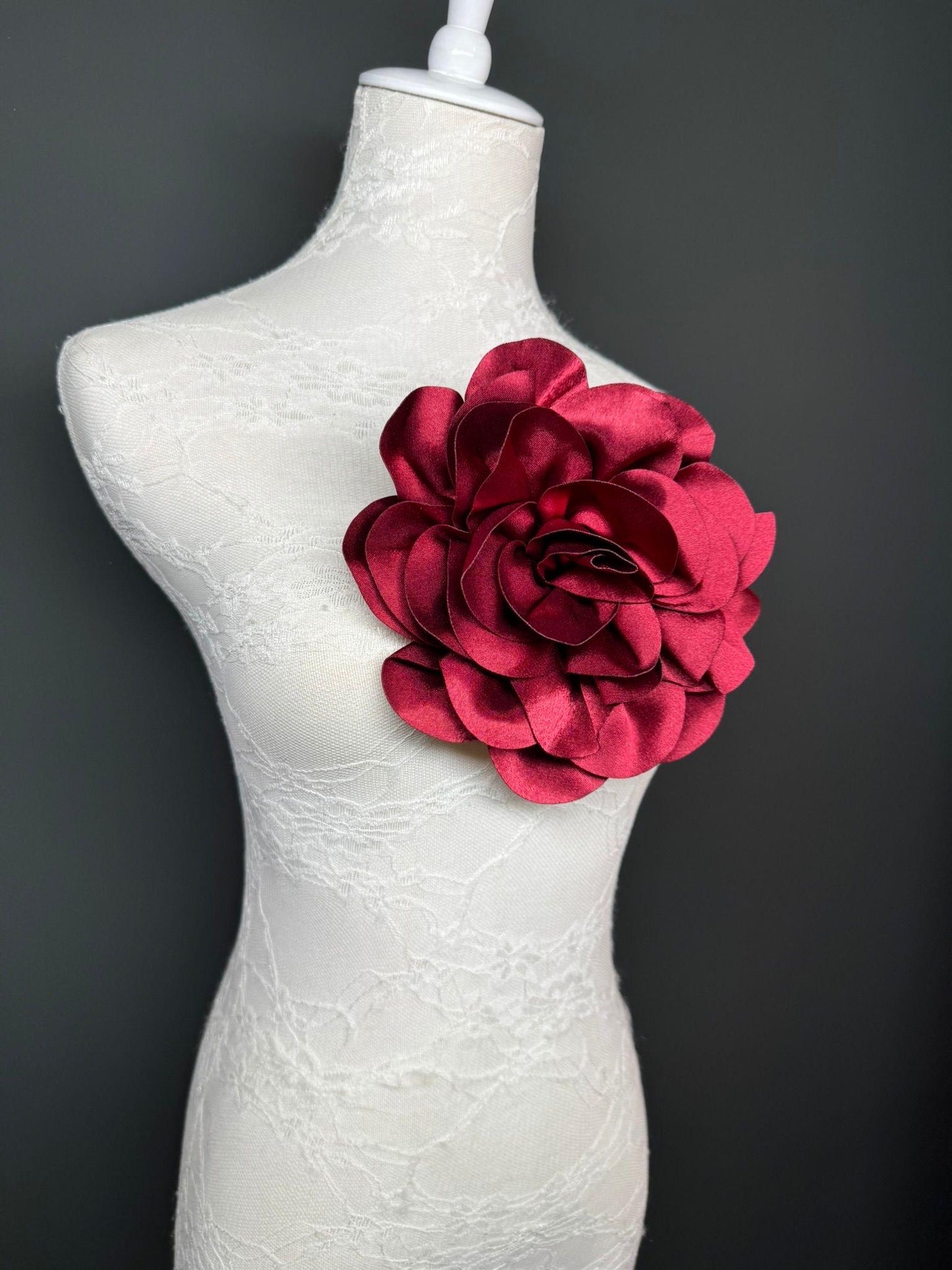 Large 3D Corsage Flower, Luxurious Satin Fabric, 12 Colours, 20cm, 8” Wide, Pin on, Bridal, Dress, Hair, Wedding, Race Day, Burgundy
