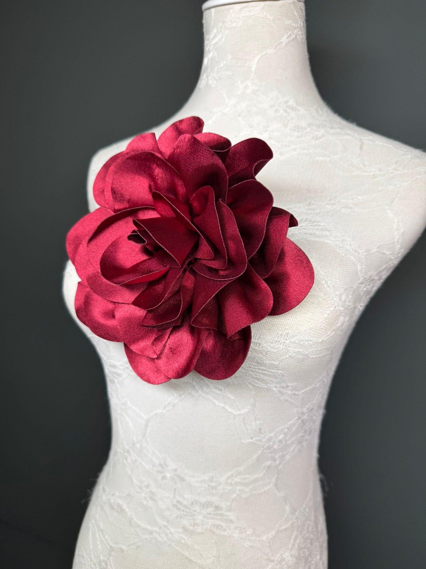 Large 3D Corsage Flower, Luxurious Satin Fabric, 12 Colours, 20cm, 8” Wide, Pin on, Bridal, Dress, Hair, Wedding, Race Day, Burgundy