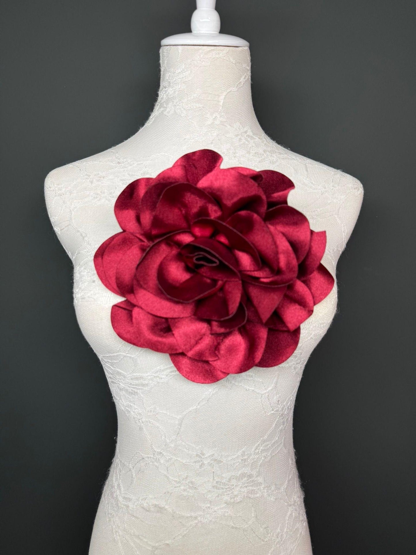 Large 3D Corsage Flower, Luxurious Satin Fabric, 12 Colours, 20cm, 8” Wide, Pin on, Bridal, Dress, Hair, Wedding, Race Day, Burgundy