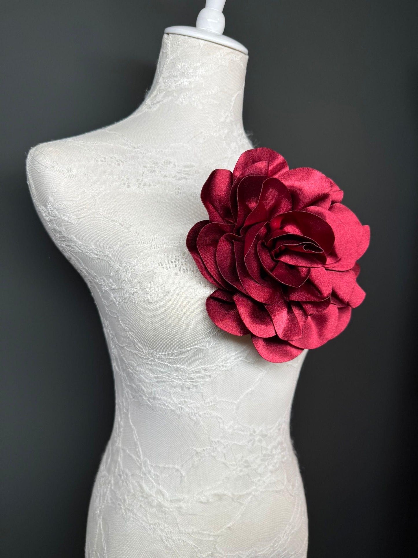 Large 3D Corsage Flower, Luxurious Satin Fabric, 12 Colours, 20cm, 8” Wide, Pin on, Bridal, Dress, Hair, Wedding, Race Day, Burgundy
