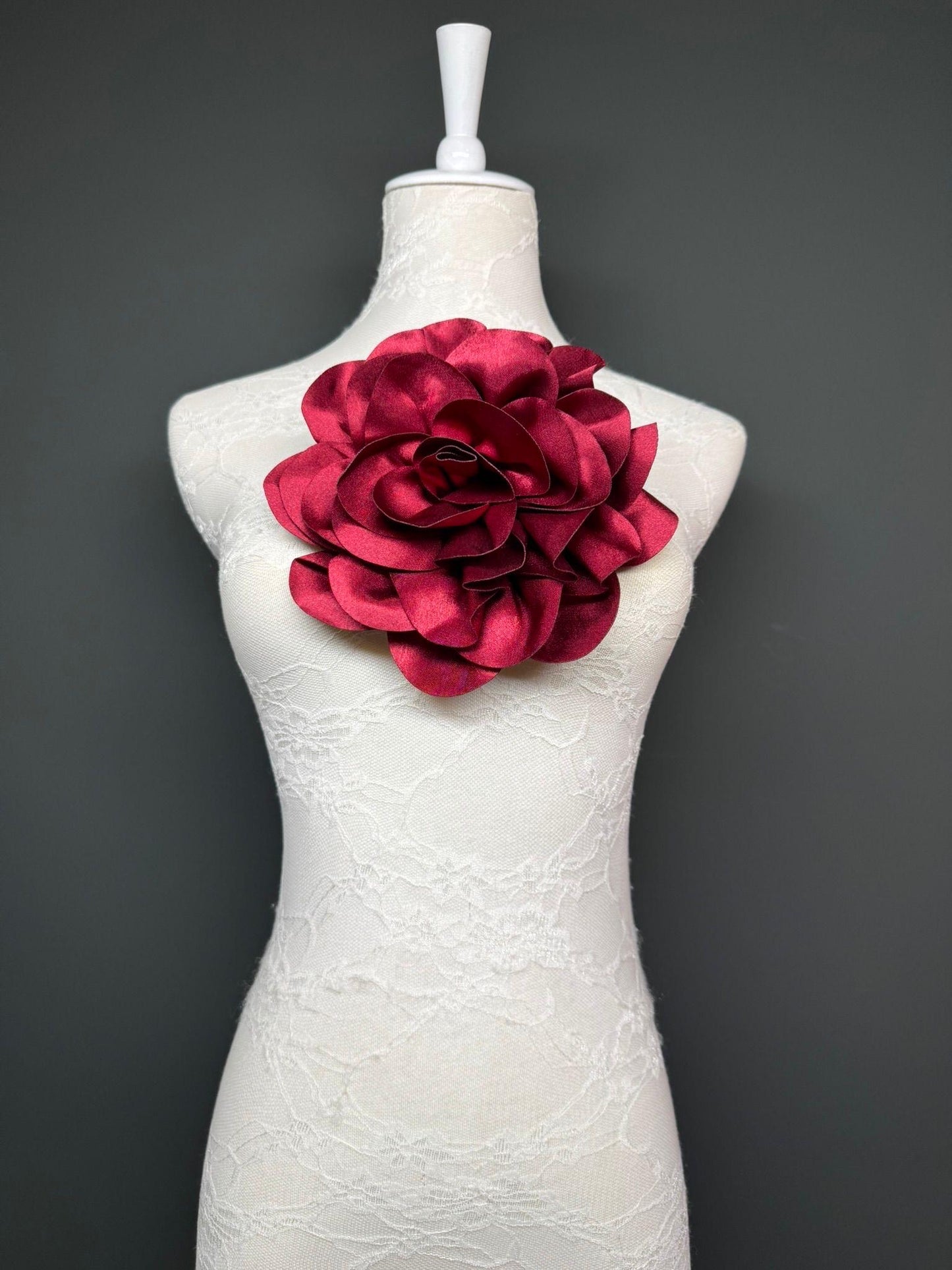 Large 3D Corsage Flower, Luxurious Satin Fabric, 12 Colours, 20cm, 8” Wide, Pin on, Bridal, Dress, Hair, Wedding, Race Day, Burgundy