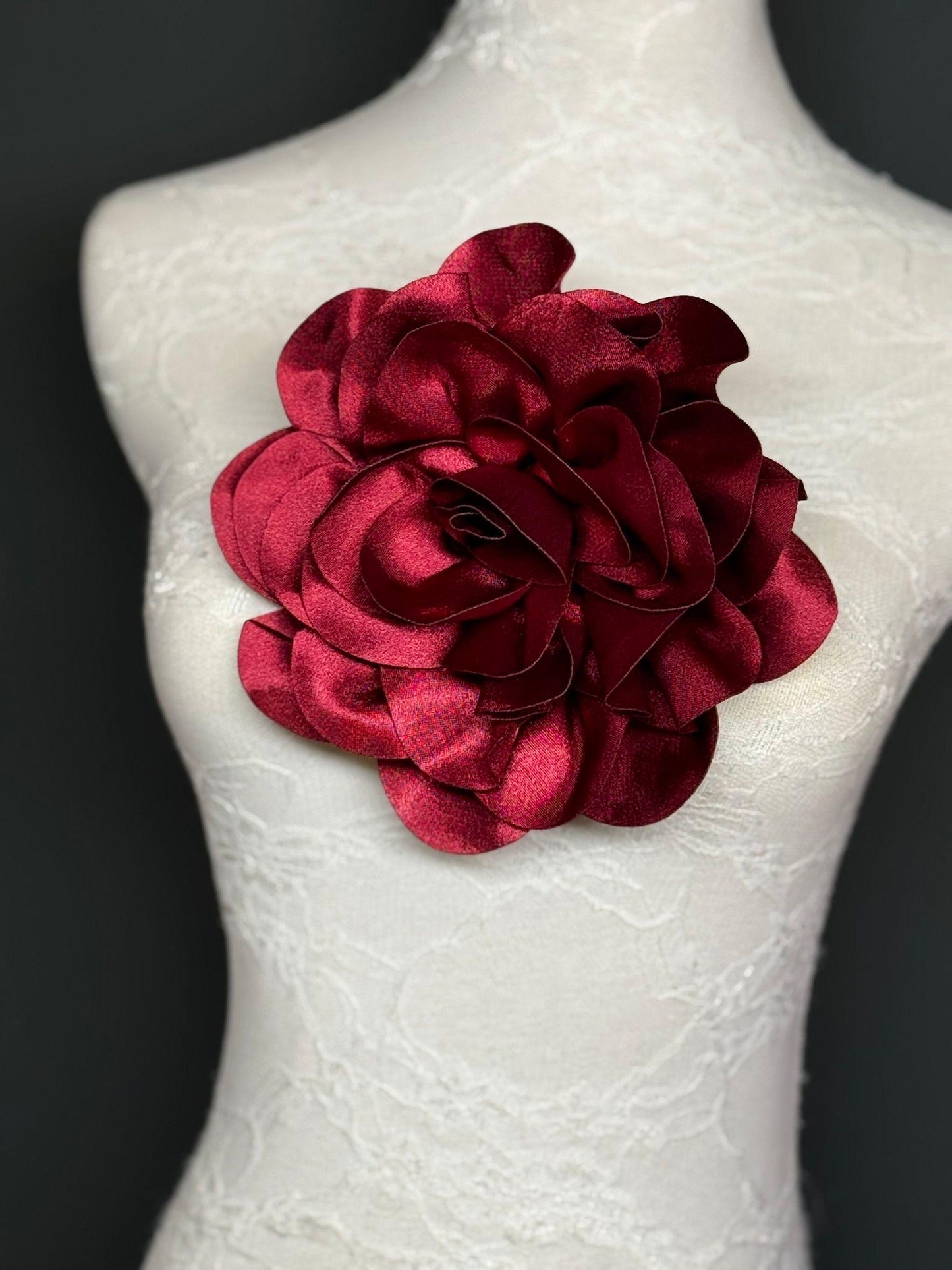 Large 3D Corsage Flower, Luxurious Satin Fabric, 12 Colours, 20cm, 8” Wide, Pin on, Bridal, Dress, Hair, Wedding, Race Day, Burgundy