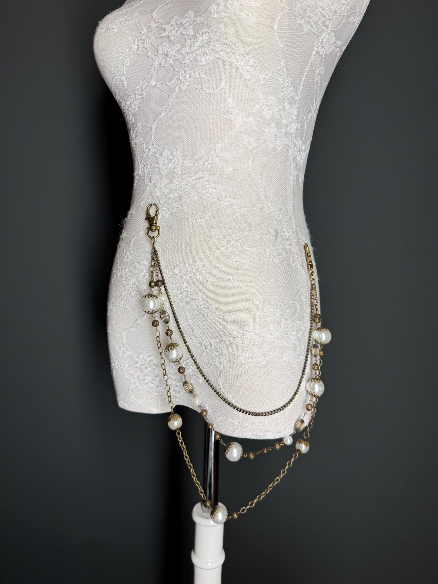 Layered Jeans Chains, Antique Brass, Elegant Street Fashion, Hip Hop, 3 size selection, Pearl, 3 Layers, Festival, Gift