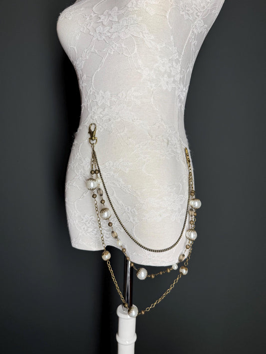 Layered Jeans Chains, Antique Brass, Elegant Street Fashion, Hip Hop, 3 size selection, Pearl, 3 Layers, Festival, Gift