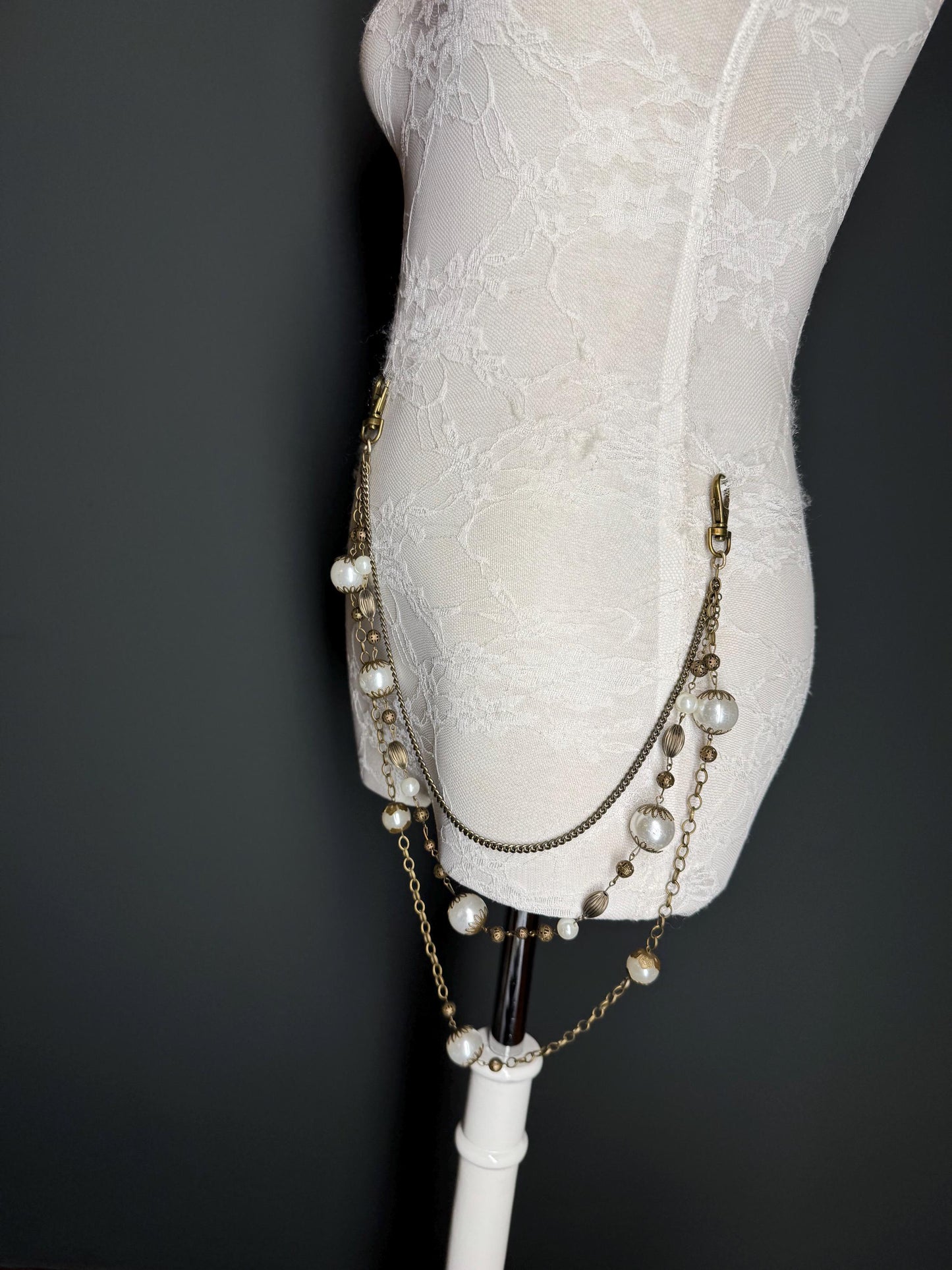 Layered Jeans Chains, Antique Brass, Elegant Street Fashion, Hip Hop, 3 size selection, Pearl, 3 Layers, Festival, Gift