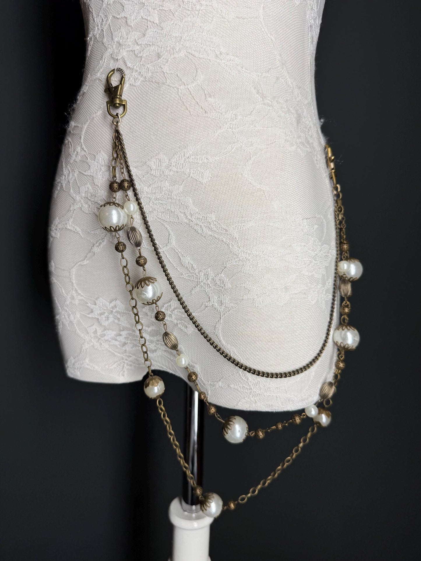 Layered Jeans Chains, Antique Brass, Elegant Street Fashion, Hip Hop, 3 size selection, Pearl, 3 Layers, Festival, Gift