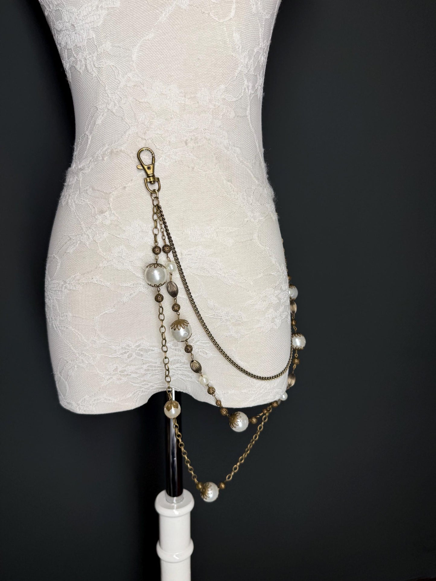 Layered Jeans Chains, Antique Brass, Elegant Street Fashion, Hip Hop, 3 size selection, Pearl, 3 Layers, Festival, Gift