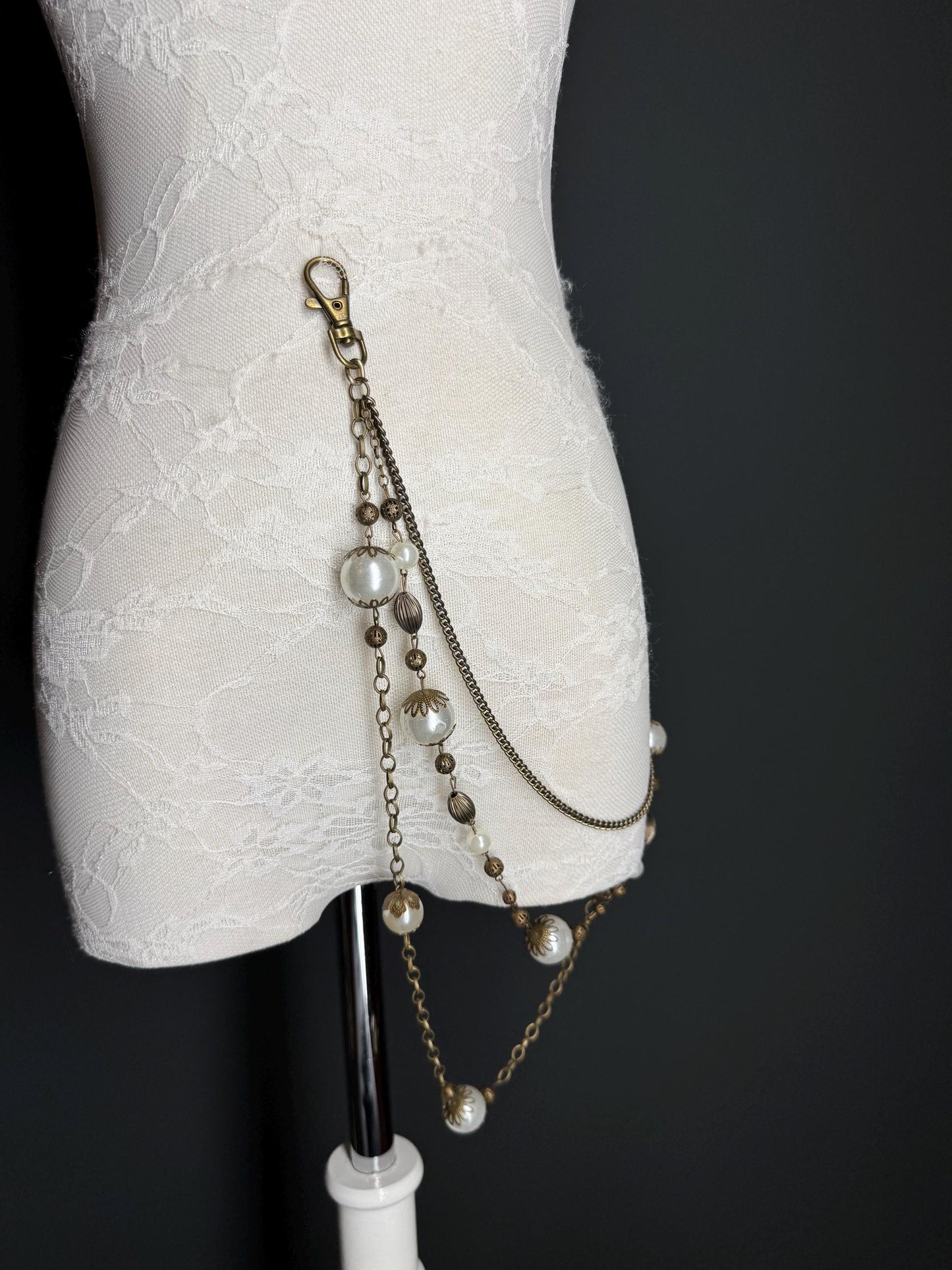 Layered Jeans Chains, Antique Brass, Elegant Street Fashion, Hip Hop, 3 size selection, Pearl, 3 Layers, Festival, Gift