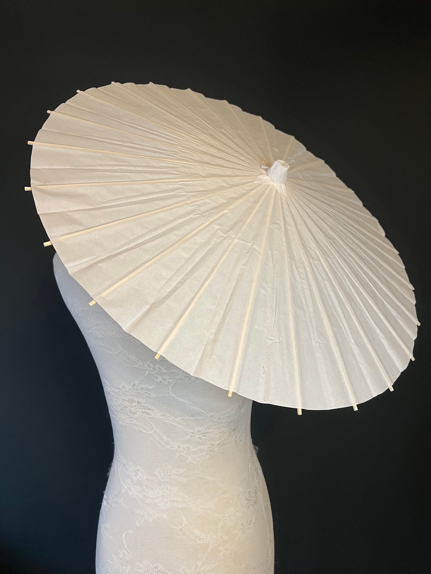 Ivory Paper Parasol Umbrella, 60cm Diameter, Handmade Sun Protection, Wood Handle
