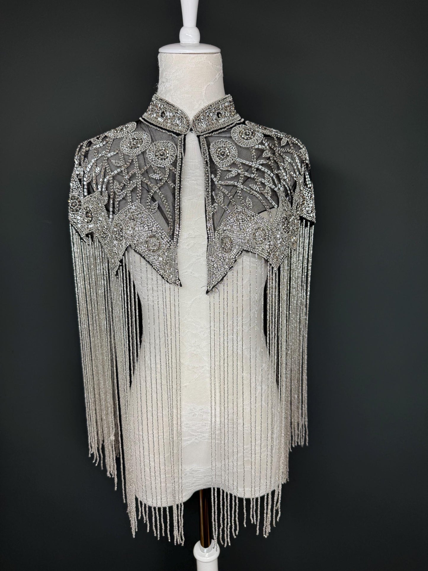 Beaded Fringe Cape Shawl – Handmade Gold or Silver Embellished Evening Wrap