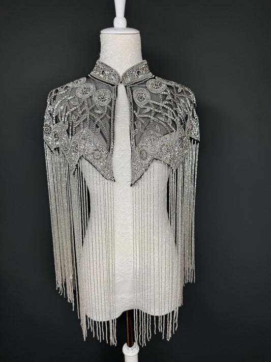 Beaded Fringe Cape Shawl – Handmade Gold or Silver Embellished Evening Wrap