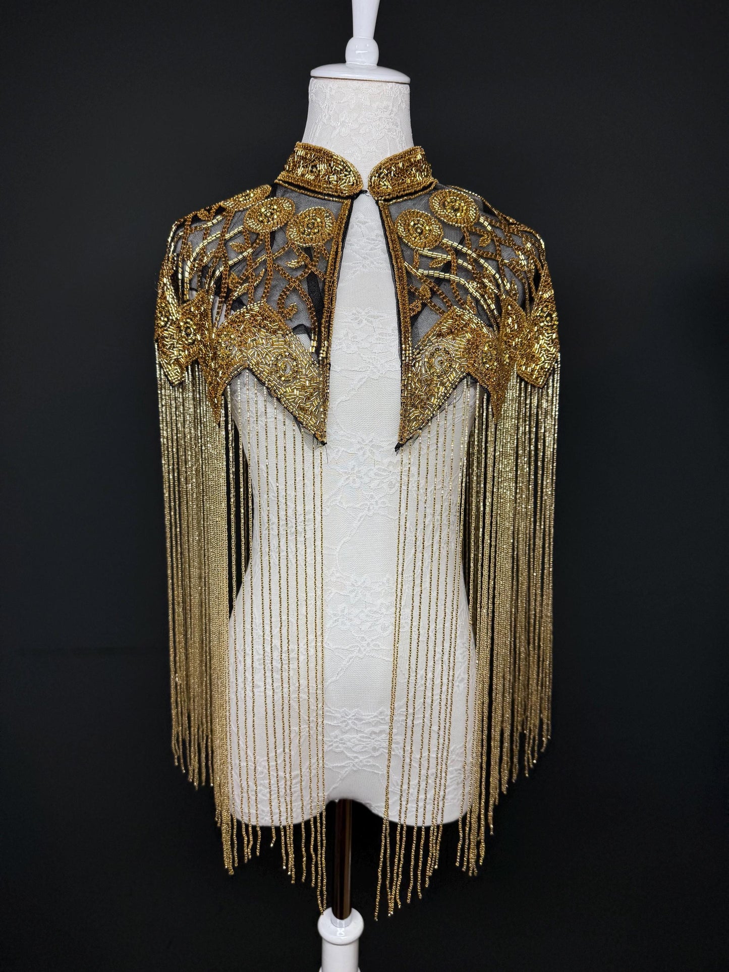 Beaded Fringe Cape Shawl – Handmade Gold or Silver Embellished Evening Wrap