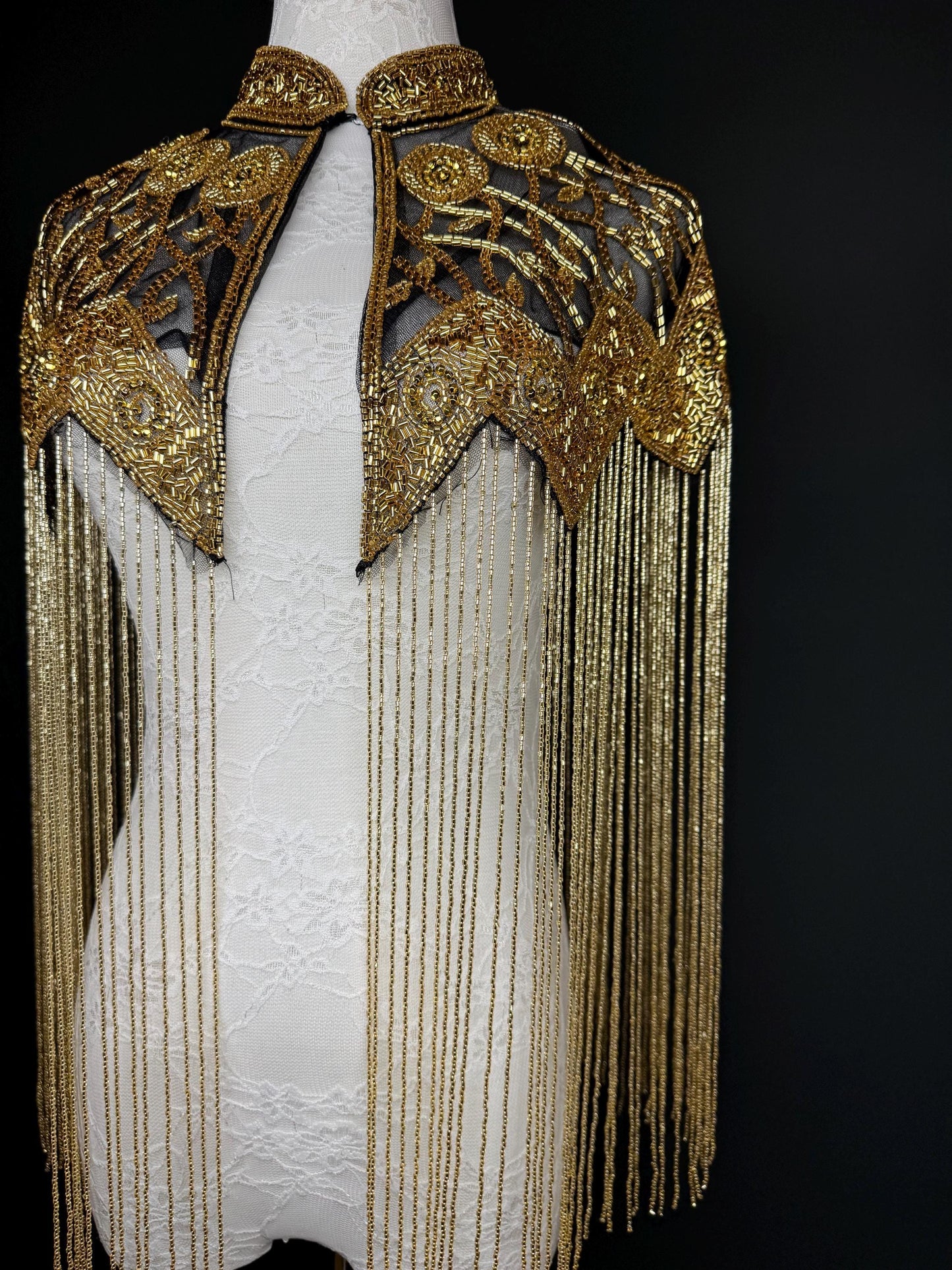 Beaded Fringe Cape Shawl – Handmade Gold or Silver Embellished Evening Wrap