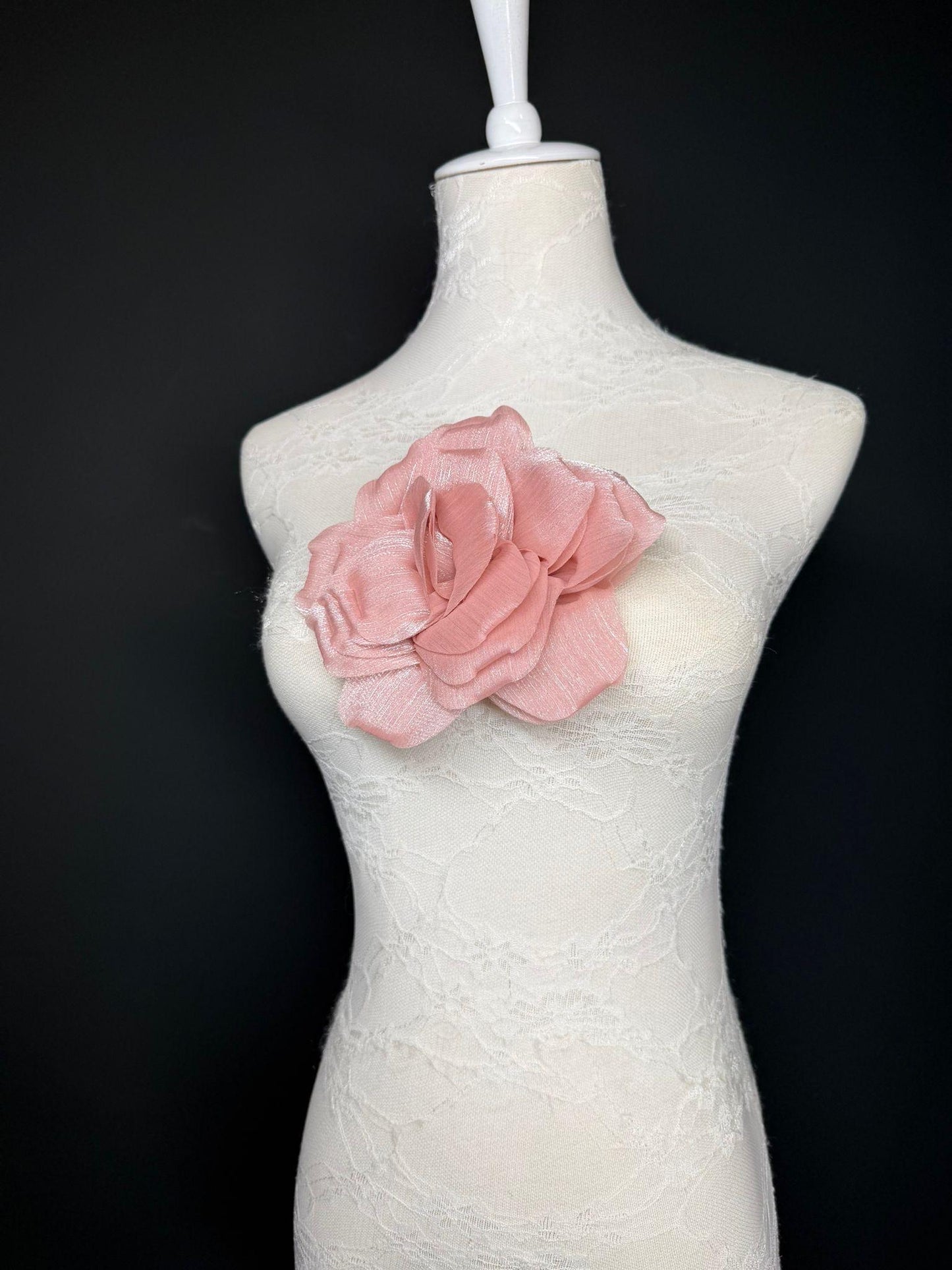 Pink Handmade Organza Corsage Flower, Pin-On Brooch (6" Wide)