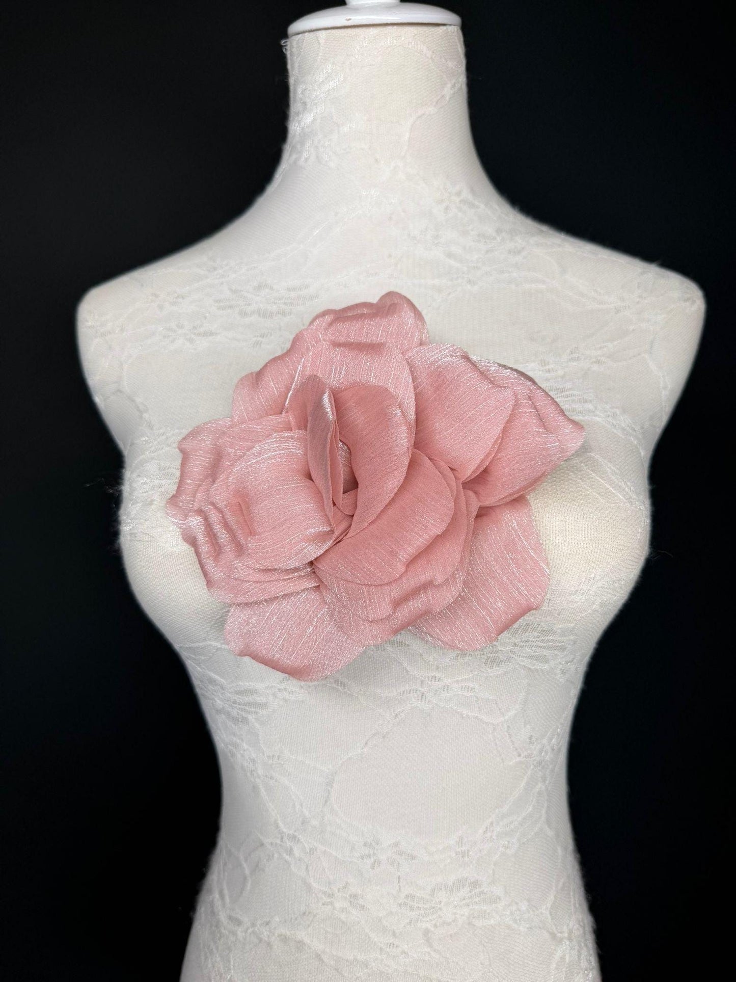 Pink Handmade Organza Corsage Flower, Pin-On Brooch (6" Wide)