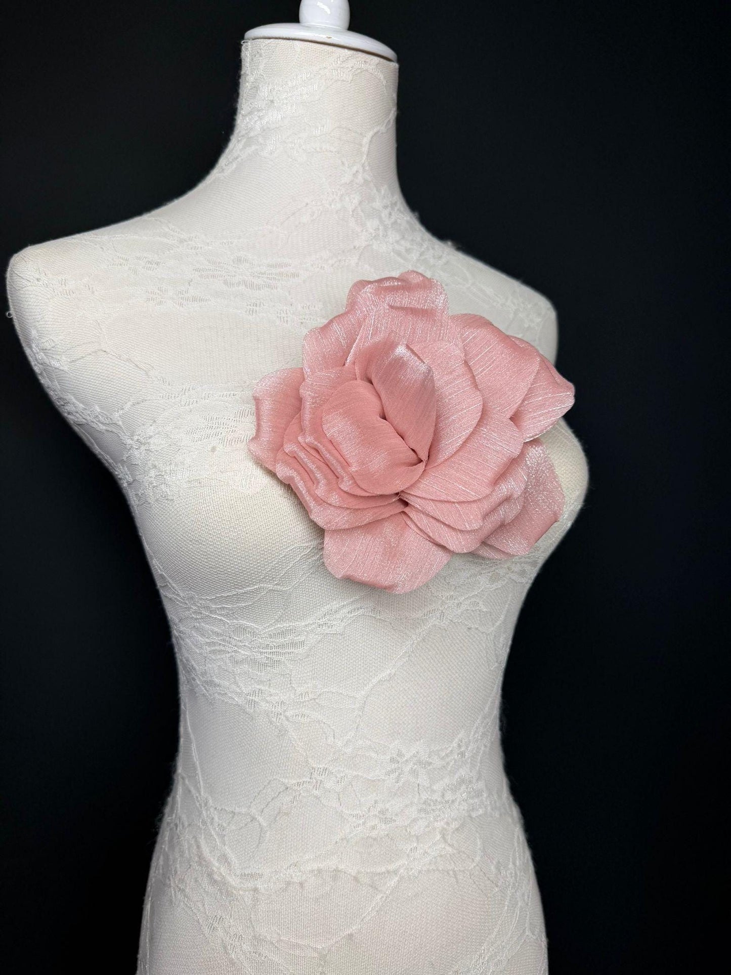 Pink Handmade Organza Corsage Flower, Pin-On Brooch (6" Wide)