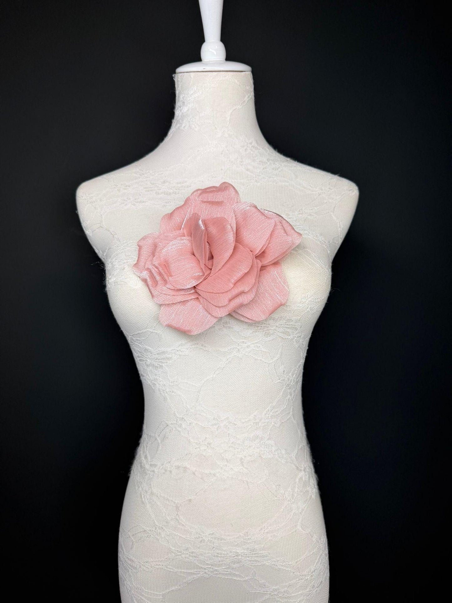 Pink Handmade Organza Corsage Flower, Pin-On Brooch (6" Wide)