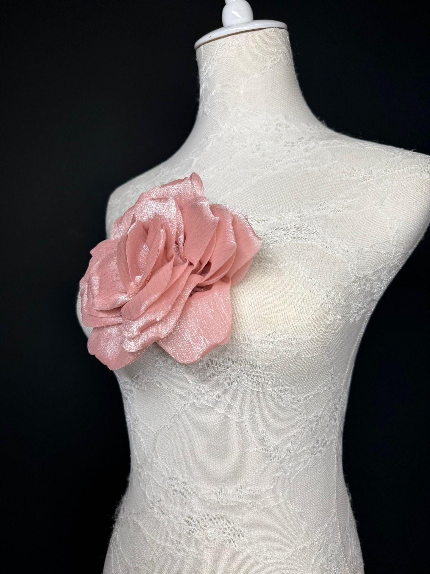 Pink Handmade Organza Corsage Flower, Pin-On Brooch (6" Wide)
