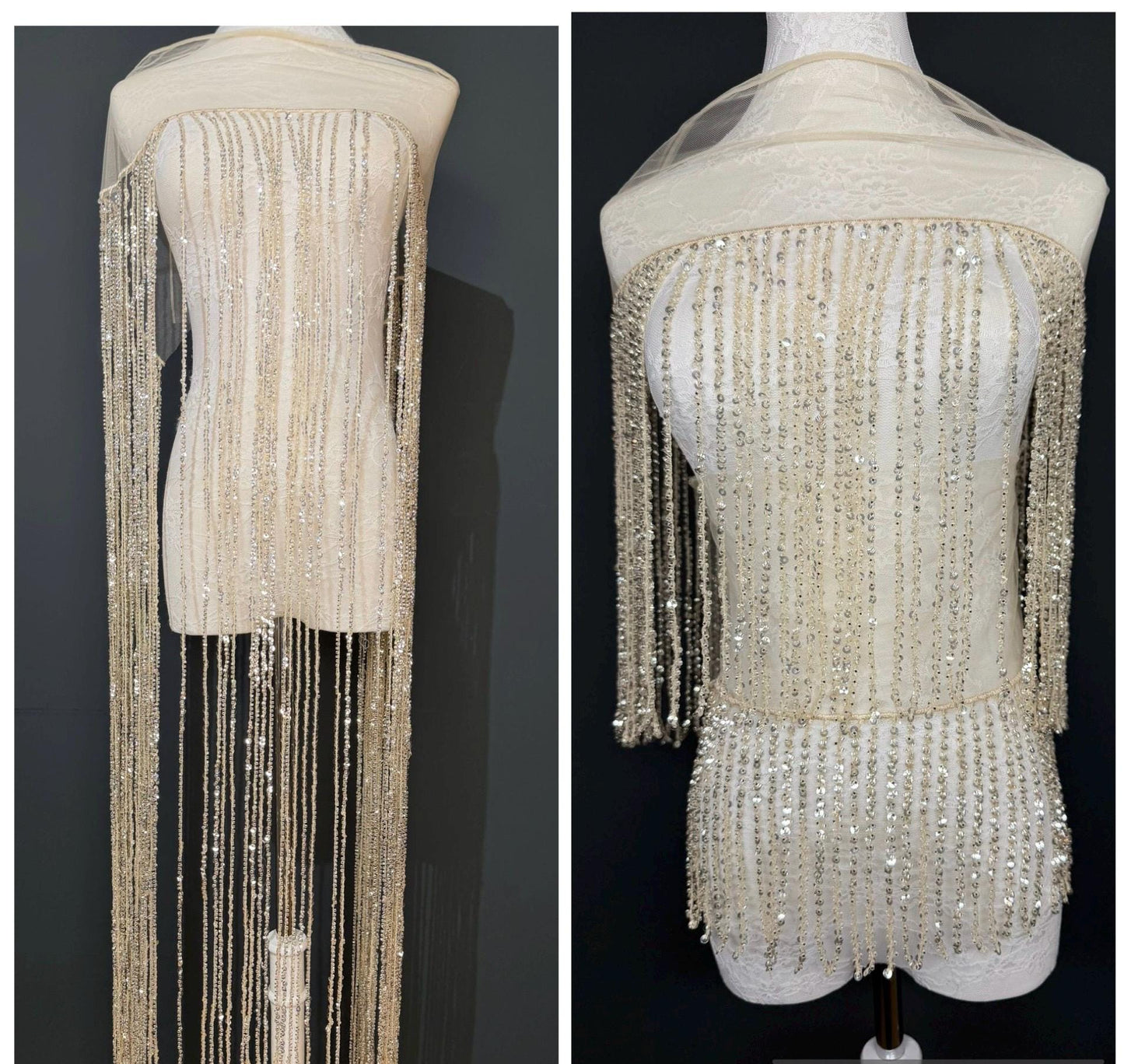 Champagne Beaded Fringe, 3 sizes, 4 colours, 52”, 12”, 6”, Black, White, Gold