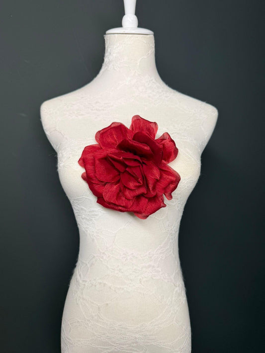 Dark Red Handmade Organza Corsage Flower, Pin-On Brooch (6" Wide)