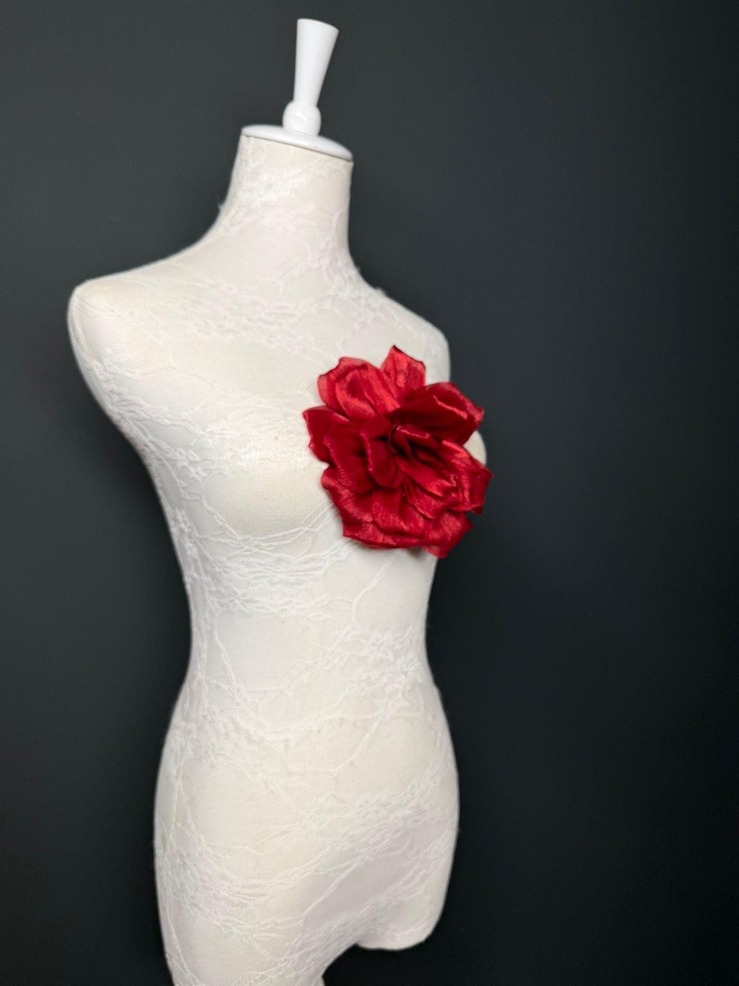 Dark Red Handmade Organza Corsage Flower, Pin-On Brooch (6" Wide)