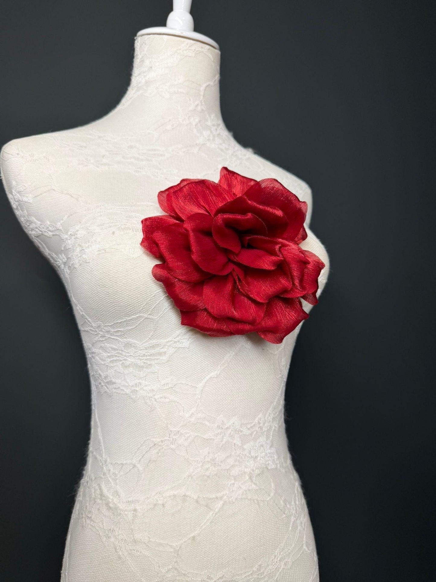 Dark Red Handmade Organza Corsage Flower, Pin-On Brooch (6" Wide)