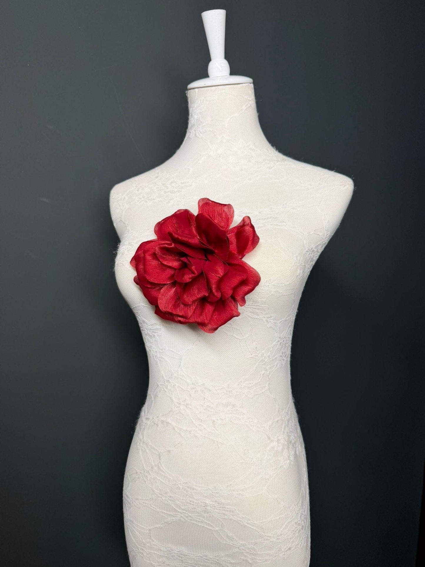 Dark Red Handmade Organza Corsage Flower, Pin-On Brooch (6" Wide)