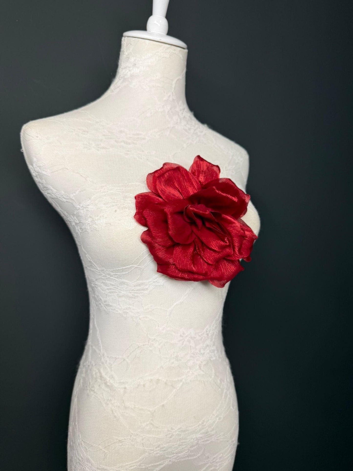 Dark Red Handmade Organza Corsage Flower, Pin-On Brooch (6" Wide)