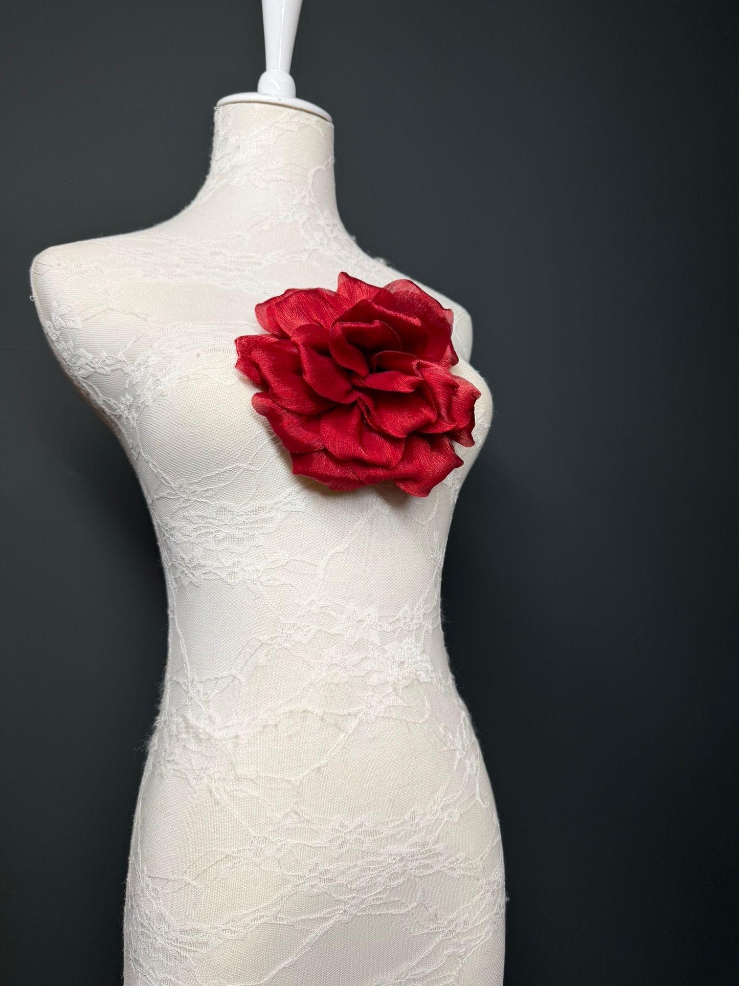 Dark Red Handmade Organza Corsage Flower, Pin-On Brooch (6" Wide)