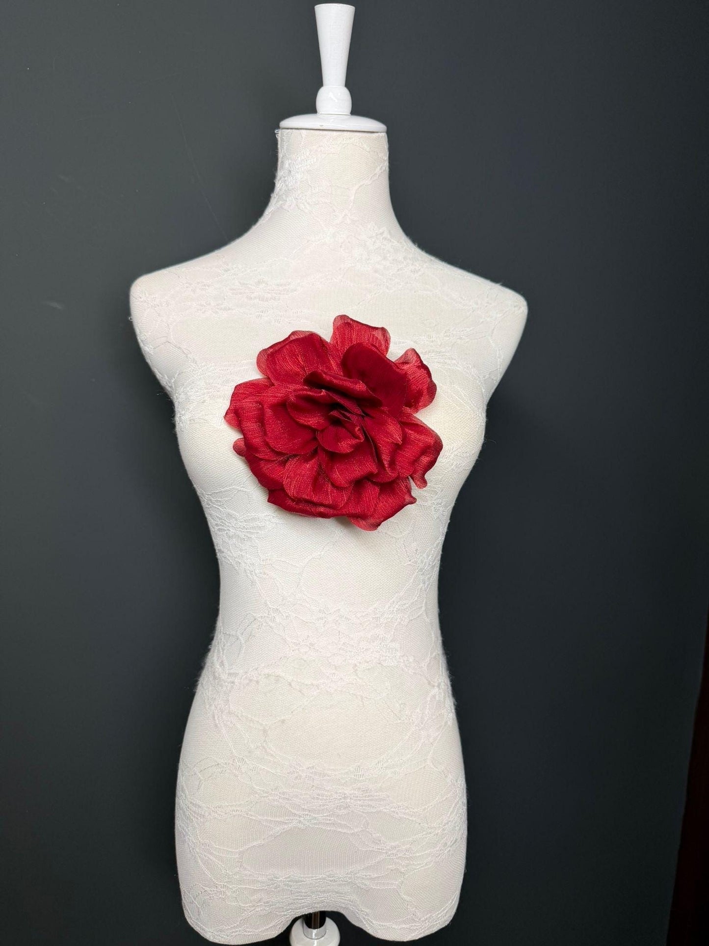Dark Red Handmade Organza Corsage Flower, Pin-On Brooch (6" Wide)
