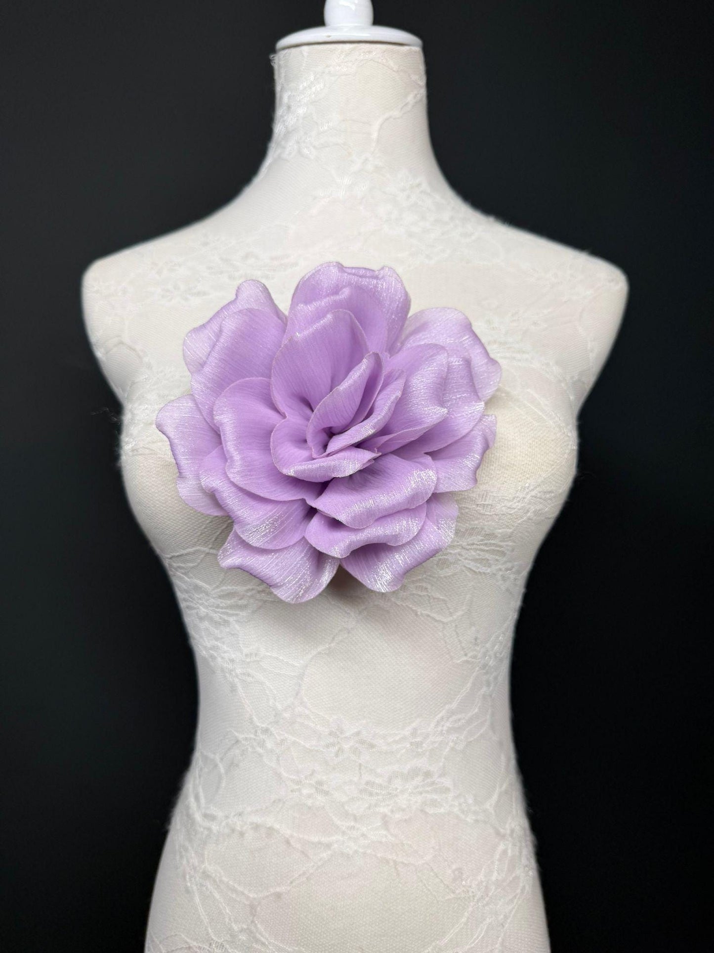 Dark Red Handmade Organza Corsage Flower, Pin-On Brooch (6" Wide)