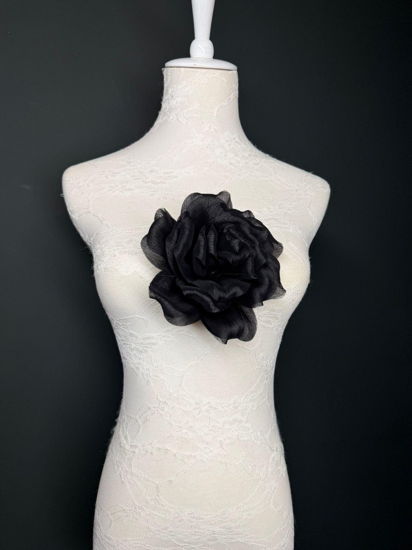 Black Handmade Organza Corsage Flower, Pin-On Brooch (6" Wide)