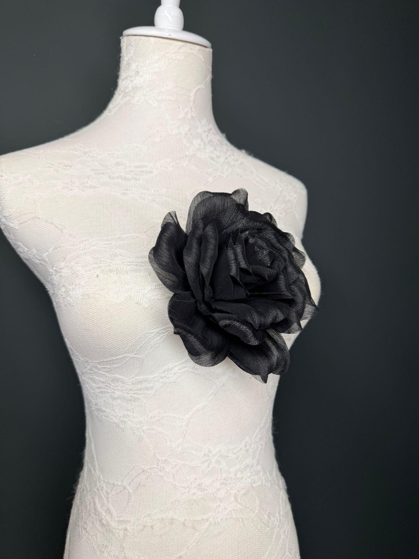 Black Handmade Organza Corsage Flower, Pin-On Brooch (6" Wide)