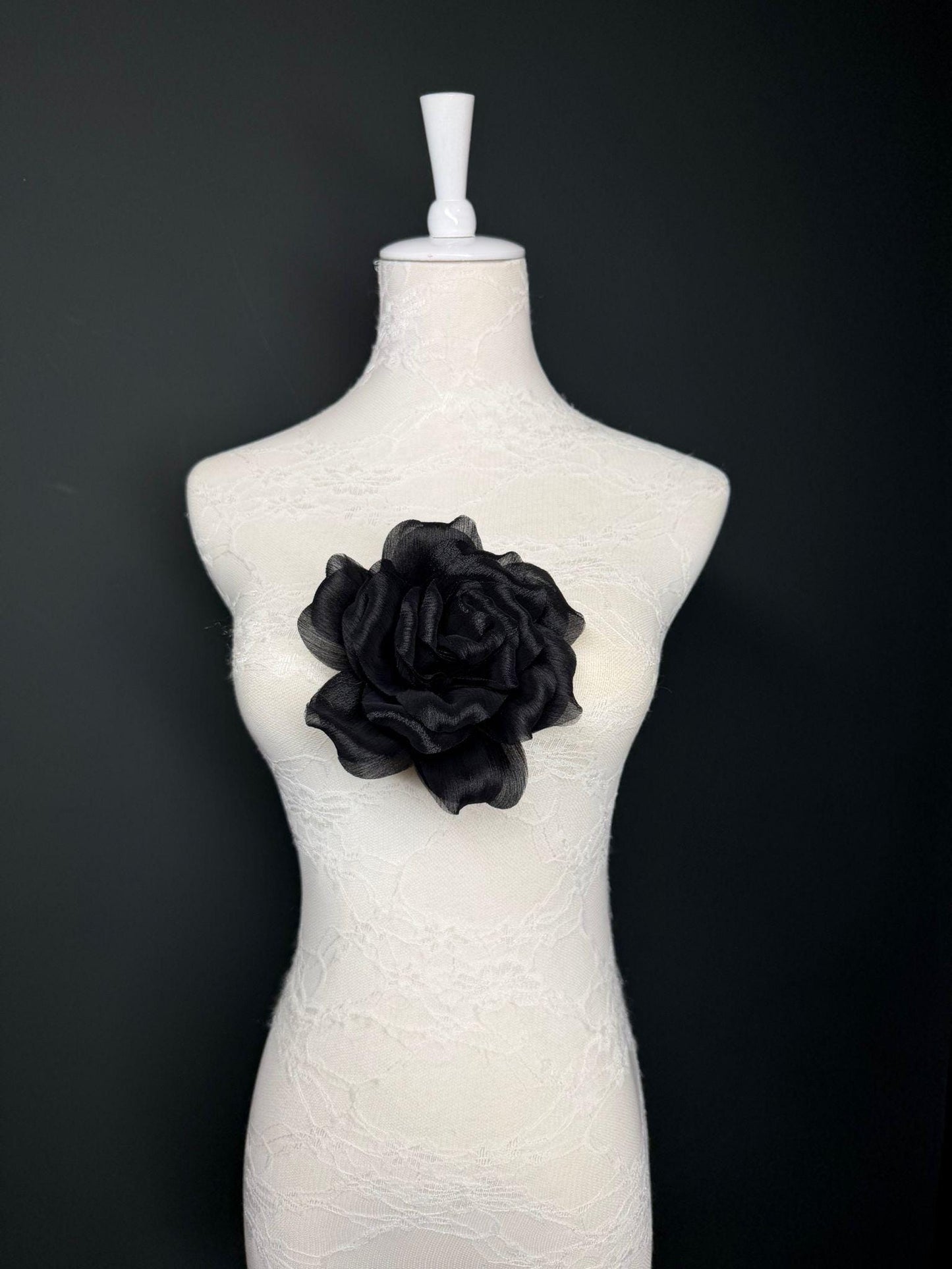 Black Handmade Organza Corsage Flower, Pin-On Brooch (6" Wide)