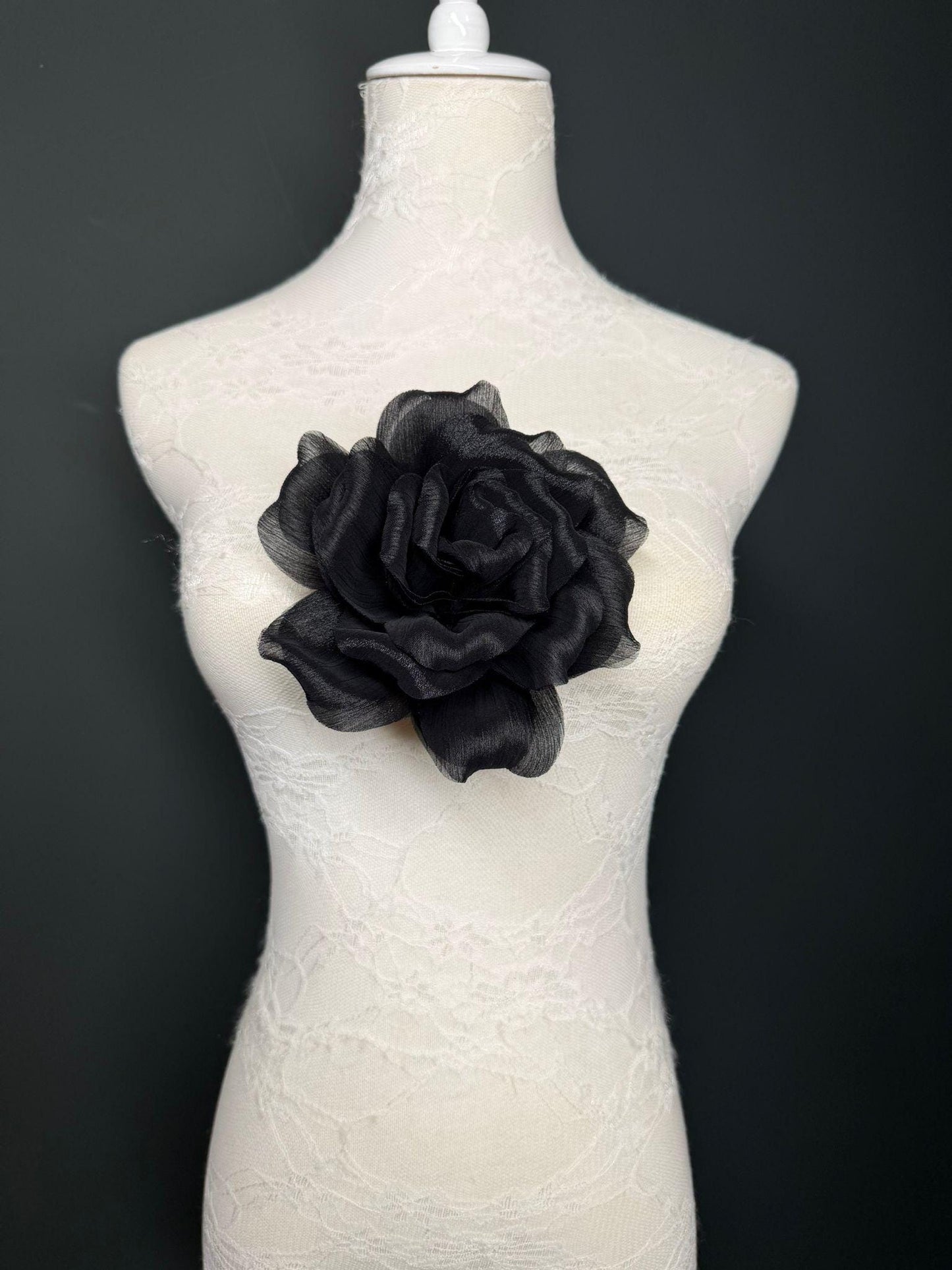 Black Handmade Organza Corsage Flower, Pin-On Brooch (6" Wide)